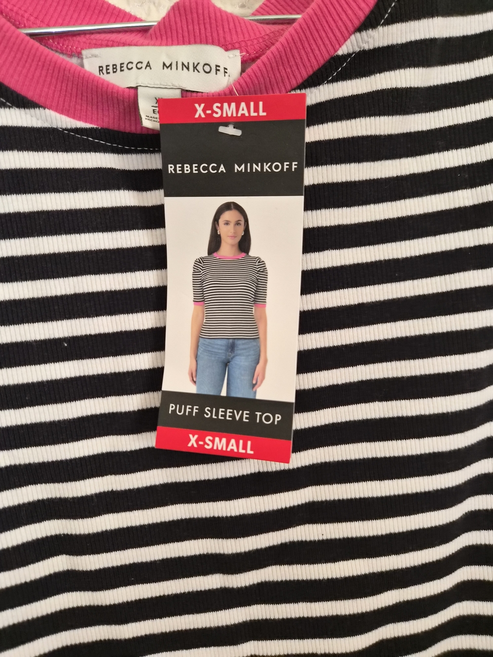 Rebecca Minkoff Black & White Striped Tee with Hot Pink Trim - Picture 3 of 6